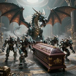a beautiful octane render of nine huge dragon pulling a coffin, in the divine world hall, surrealistic, epic, 8 k hd, detail structure, dragon form, fine texture, 3 d texture, circling storm, light effect, unreal engine, trending on cgsociety, 3 d model, cool mecha style, trending on artstation, ultra wide angle,, 3 d render, ray tracing, mechanics, hyper detailed, denoise, deblurring, realistic physical rendering, close shot