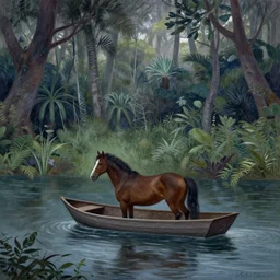 horse in a boat floating on a river in the jungle. digital drawing, ultra detailed, cool color palette, muted colors, wes anderson, ( claude monet ), grickle, tim burton, tomm moore