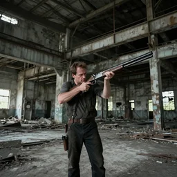 man with shotgun in an abandoned industrial complex, intricate details, cinematic, wide angle