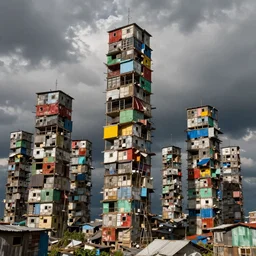 towers made up of colourful makeshift squatter shacks, bleached colours, moody cloudy sky, dystopia, mamiya, very detailed, photographed by ansel adams