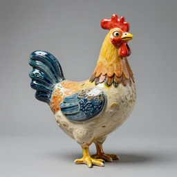 a surreal contemporary ceramic sculpture of a colourful chicken