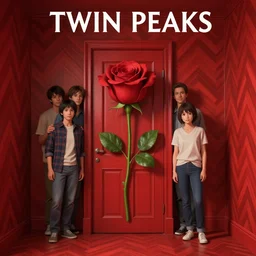 Twin Peaks movie poster artwork by Tomer Hanuka, Michael Whelan, Patryk Hardziej,  Makoto Shinkai and thomas kinkade, by Gregory Crewdson, Rendering of a rose by the door of the red cheveron pattern room full of details, Matte painting, trending on artstation and unreal engine