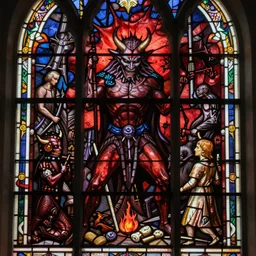 A stunning highly detailed stained glass window depicting hell and the devil in the style of Hieronymus Bosch