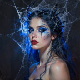a oil painting hyperrealism of a beautiful woman, cobwebs, spider makeup, cobwev headdress, 8 k resolution, octane render, trending on artstation, by gediminas pranckevicius, volumetric light 2 blue fractal thunder glow by dan mumford, anaglyph effect, laurie lipton