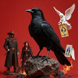 beautiful digital fantasy illustration of a black bird with a red background, vanitas, cowboy plague doctors, wiccan, tarot card, angel sitting on a rock, abyssal warmth, octane render, detail texture, unreal engine, poster art by victo ngai, 8 k, photographic quality, ultra hyper realistic quality