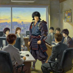 japanese samurai working in a 6 0'office, late afternoon by tsviatko kinchev, makoto shinkai, linda wilder, alphonse mucha, oil painting, ultra detailed