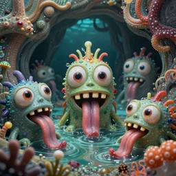 of an intricate sea cavern with strange cute goofy creatures with huge eyes, long tongue, square teeth and funny face appearing from murky waters, in the style of jeff koons, macro lens, shallow depth of field, highly detailed, digital painting, trending artstation, concept art, illustration, cinematic lighting, vibrant colors, photorealism, epic, octane render