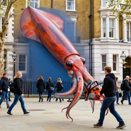 2 0 1 9, vivid color photograph of an enormous squid holding chainsaws attacking a bloke in a hoodie in london. bypassers walk past without any care 3 5 mm film perfect focus hyper chromatic aberration galore. enormous fountains of blood and guts all over the pavement