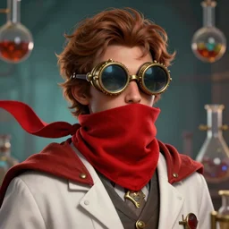 a ( man personified as a chemist ), beauty portrait, fantasy chemistry, steampunk goggles, red scarf covering mouth, cape, digital art by krenz cushart, laurie greasly, wlop, artgerm, intricate, highly detailed, sharp focus, smooth, epic composition, joyful, unreal engine