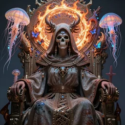 demon goddess close-up portrait tribal slavic russian monk in hooded robe skull, sitting on intricate throne, ancient high tech, cyberpunk, dystopian, jellyfish phoenix dragon, butterfly squid, burning halo, intricate artwork by Tooth Wu and wlop and beeple, greg rutkowski, very coherent symmetrical artwork, cinematic, hyper realism, high detail, octane render, unreal engine, 8k, Vibrant colors, Smooth gradients, High contrast, depth of field, aperture f1.2