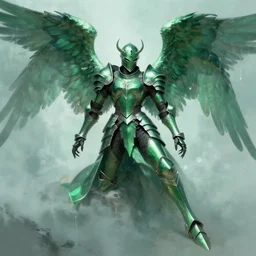 illustration, armored angel knight in Phthalo metallic green armor with knight helmet, inhumanly long and thin limbs, fallen angel, Barthin, by Peter Mohrbacher, hyper detailed, otherworldly, octane rendered, fantasy, heavenly