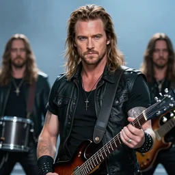promotional image of a kit harrington in a heavy metal band in a movie from 1978, rugged black clothes, detailed face, movie still frame, promotional image, imax 70 mm footage