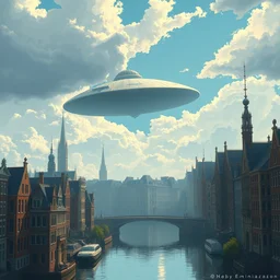 city of amsterdam, millennium falcon in the sky, natural lighting, dreamy, intricate details, matte painting, illustration, by hayao miyazaki