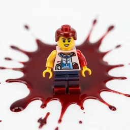 photo of a lego set splattered with blood, shiny dark red blood splatter