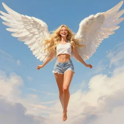 highly detailed digital painting of an angel, a young woman with long blond hair and full flowing angel wings wearing a crop top and shorts, joyful, happy, long shot, wide shot, full shot, by greg rudowski and james gurney, trending on artstation