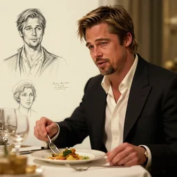 brad pitt eating dinner, character sheet, character design, contrast, deep focus, turnaround, highly detailed, dramatic lighting, digital painting, artstation, concept art, matte, sharp focus, illustration, elegant, art by artgerm and greg f and alphonse mucha.