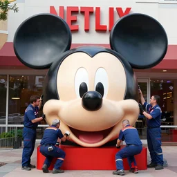 a team of mechanics working on a large severed mickey mouse head in front of a netflix sign