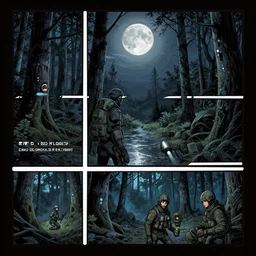 no border 3 panel graphic novel layout the temperate forest fullmoon cryogenic tears of hyperspace loneliness futuristic small unit tactics behind enemy lines littoral combat photorealistic graphic novel layout by michael komarck, greg rutkowski, victo ngai, artgerm, willem claesz heda and j. dickenson roger deakins john seale syd mead