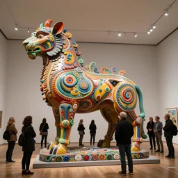 etablishing wide view shot of stunning colorful intriguing polished painted massive clay * poetic * sculpture of a mythic animal by * beth cavener and zhelong xu * in moma museum. with collaboration of ellen jewett, beth cavener, sayaka ganz, edouard martinet, john o'reilly and judith klausner. joyfull