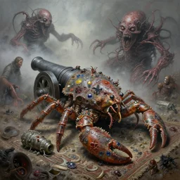 fine art airbrush painting varied muck jeweled, filthy rugated armored crustaceans, cannon back, cilia sporing pox, evil fog, final battle removal, clustered horror, by virgil finlay, vincente b ballestar, by francesco blanc, geof darrow, bisley, b wolverton & by jack gaughan high resolution, hyper detailed, cinematic