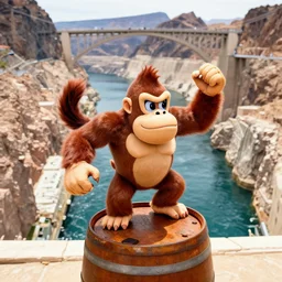 donkey kong floating in a barrel over the hoover dam