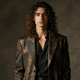 a male model in designer clothes ; long curly hair ; pretty face ; high fashion ; editorial look ; unreal engine