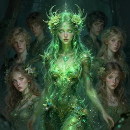 green earth goddess ; by james jean, charlie bowater, tom bagshaw, nikolay makovsky, melanie delon : : enchanting, ethereal, magical, glowing, sparkle, iridescent, flowerpunk, portrait, character design, illustration, hyperrealism, photorealism, digital art, concept art, dark fantasy, whimsy, weta, wlop, artstation