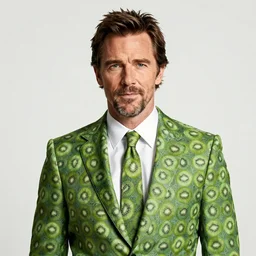 Chris Bale in a suit with a pattern made out of kiwi.com logo, realistic, highly detailed