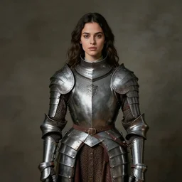 medieval portrait of beautiful ana de armas dressed as an armored battle knight, in the style of eugene de blaas