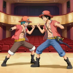 realistic photo of all one piece character fighting in a theater , cinema