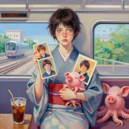 tall emo female artist holding small portraits and piglet on a train, wearing a kimono, on yamanote line in japan, tokyo station, summer, sweat, ice coffee, pigs, octopus, acrylic on canvas, surrealist, by magritte and monet