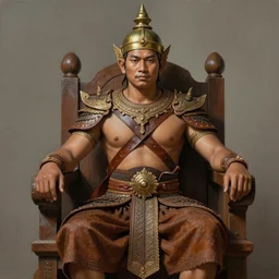 tai warlord, portrait, sit on the wooden throne as king ramkhaheang monument, historical, ethnic group, traditional tai costume, bronze headset, leather shoulder armor, fantasy, intricate, with leather armor cross onbare chest, elegant, loin cloth, highly detailed, oill painting, artstation, concept art, matte, sharp focus, illustration, hearthstone, art by earl norem