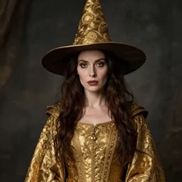 portrait of a witch, dressed in gold embroidered clothing, by greg rutkowski.