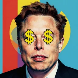 the portrait of smug elon musk having dolalr signs for eyes, colorful pop art, modern art, by andy warhol
