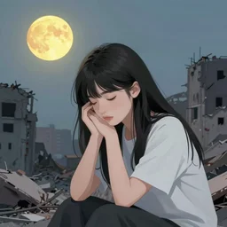 A beautiful picture of a suicidal girl against the background of ruins of a destroyed city and a yellow -red moon, artstation, extremely detailed, stunning volumetric lighting, atmosphere, hyper realism