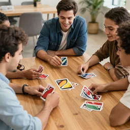 3 friends playing uno at a wooden table, realistic, detailed, 8k, hd, award winning photo