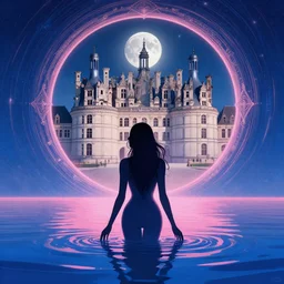 silhouette of a sexy woman emerging from pink and royal blue water in cyberpunk theme looking at an opening interstellar portal to renaissance italy, the portal opens to chateau de chambord during a blood moon, intricate, elegant, by greg rutkowski, conrad roset, takato yomamoto, james jean, rule of thirds, seductive look,