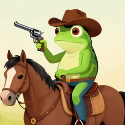 a cowboy frog in a hat holding a revolver in his hands, sitting on a horse, digital art