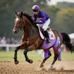 ground level shot of a jockey on a hybrid ( my little pony ) and horse, a horse that's ( my little pony ). professional, high quality, digital art, realistic, dramatic lighting, dof, bokeh, action