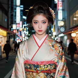 miko priestess, kimono!!!, night, tokyo street, 4 k, ultra realistic, beautiful eyes!!, epic lighting, machines, high detail, masterpiece, trending on artstation by artgerm and akihito tsukushi!! and alphonse mucha, crayons!!!!!!!!!!!!!!!