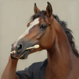 a painting of a man with horse head brushing his teeths, artstation