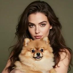 a photo realistic, pretty brunette women with a large forehead holding a pomeranian.