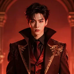 jungkook jeon as a vampire. wearing intricate styled suit, semi realism, anime realism, symmetrical face, slim face, appealing, photorealism, uhd, amazing depth, glowing, golden ratio, sakimichan, greg rutowski, volumetric lighting, cinematic lighting, red orange lighting, artstation concept art