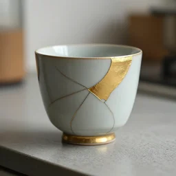photo of a cracked ceramic cup repaired with gold, kintsugi, kitchen counter, natural light, beautiful, cinematic, high detail,