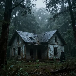 abandoned house in the dense forest, rain, fog, in the background a man with a cloak and shining eyes, gloomy mood