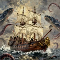 an impossibly huge pirate ship, being attacked by a kraken, giant tentacles. 1910s photograph