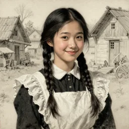 a sadly smiling black haired, young hungarian village (((maid))) from the 19th century who looks very similar to Lee Young Ae with a two french braids, detailed, sketch by Rembrandt, Csók István, Cecilia Beaux and da Vinci