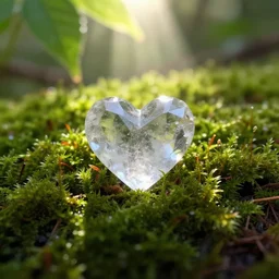 macro photo of moss, a crystal heart is laying on the moss, light rays are coming through the leaves above, god rays, beautiful award winning macro photography, trending on artstation
