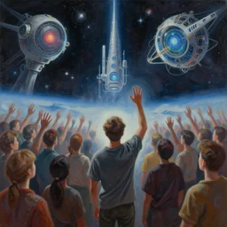 cc creative commons. a realistic painting of someone waving at future people. space and ai technology singularity