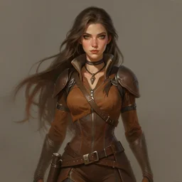 a woman with long hair wearing a brown outfit, a character portrait by krenz cushart, artstation contest winner, fantasy art, detailed painting, artstation hd, 2 d game art